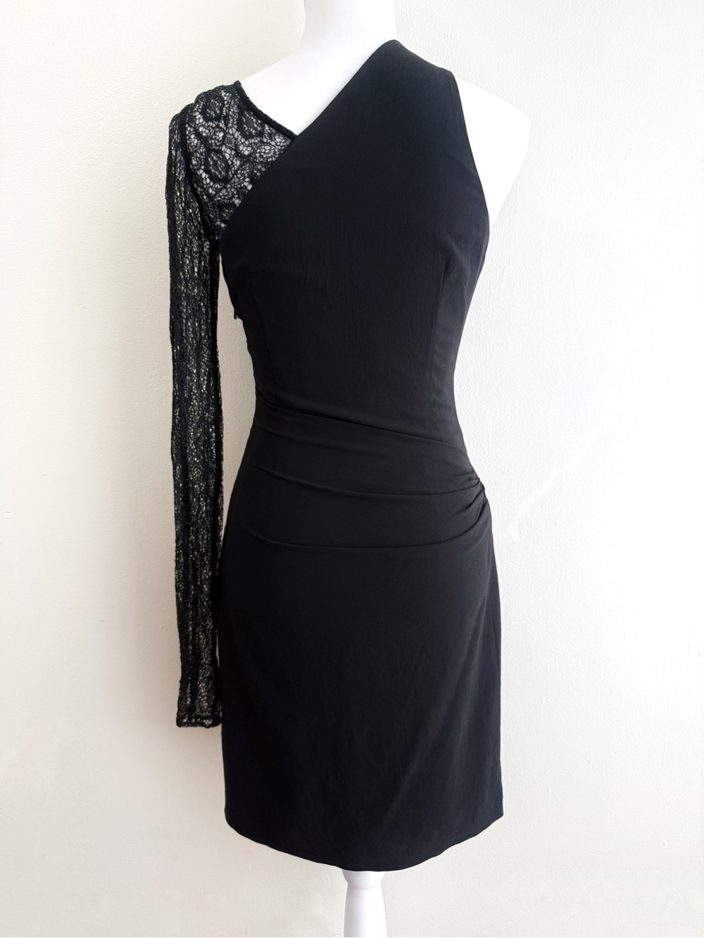 HELMUT LANG BLACK SHEER LACE SINGLE LONG SLEEVE RUCHED GATHERED MINI DRESS - Picture 5 of 14